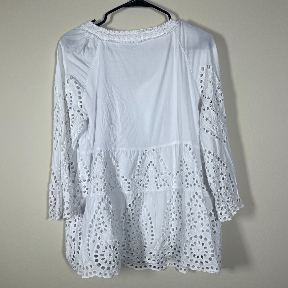 John Mark White Eyelet Blouse Women's Medium Top Cottagecore Coastal Boho! - Picture 6 of 6